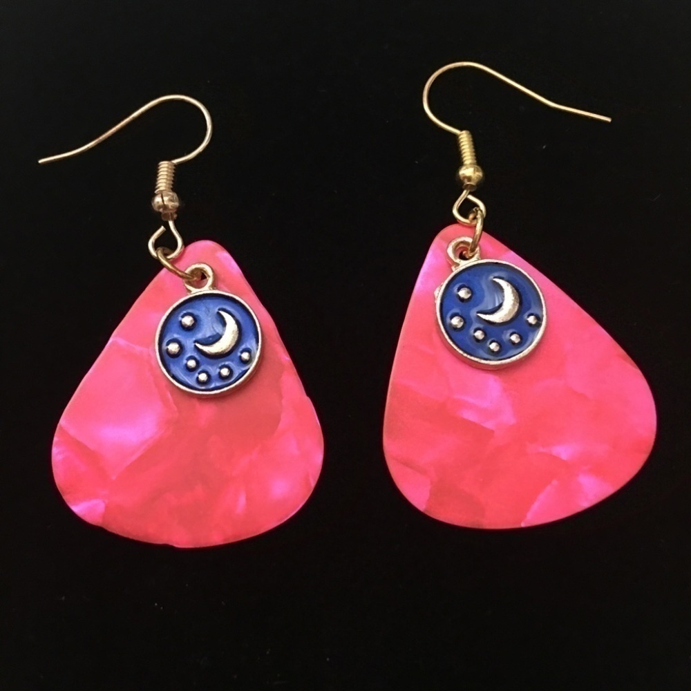 REPURPOSED Guitar Pick Earrings Celestial Moon Stars Hand Crafted